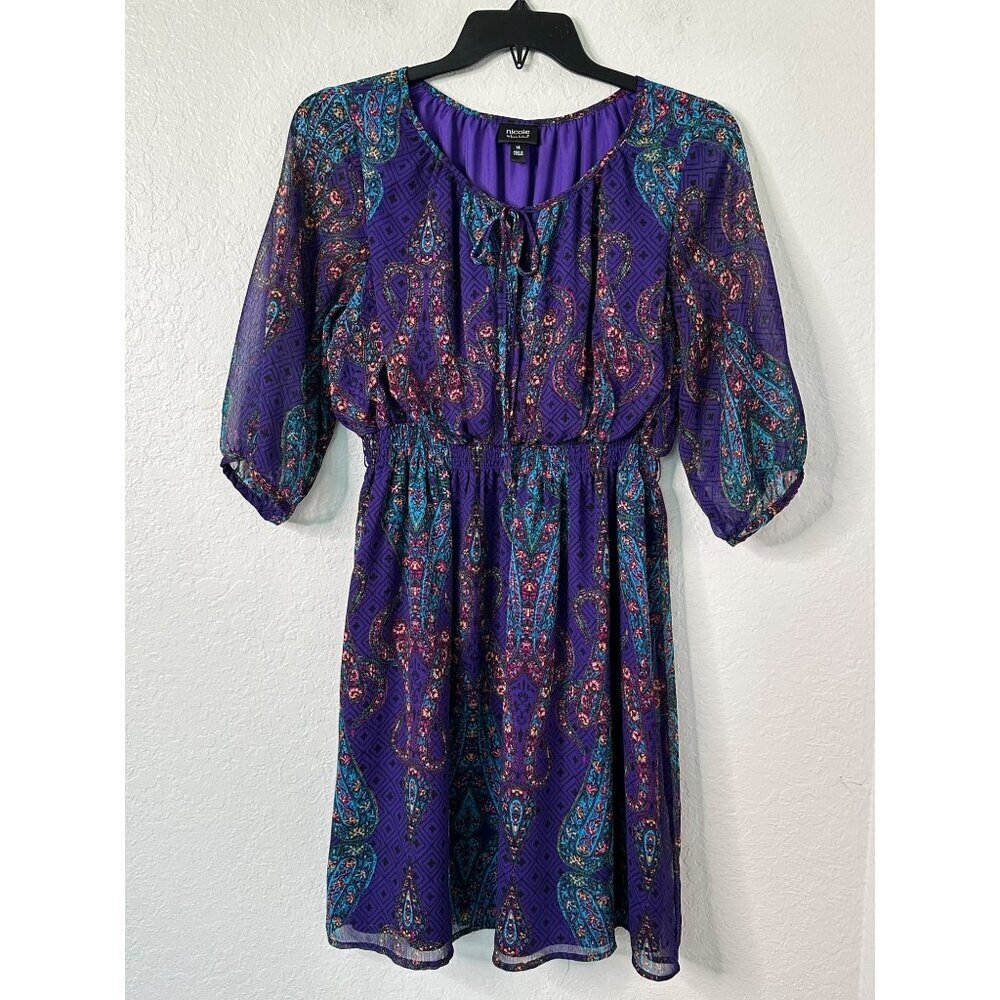 Nicole By Nicole Miller Purple Paisley Dress Size‎ 14 Sheer 3/4 Sleeves Lined